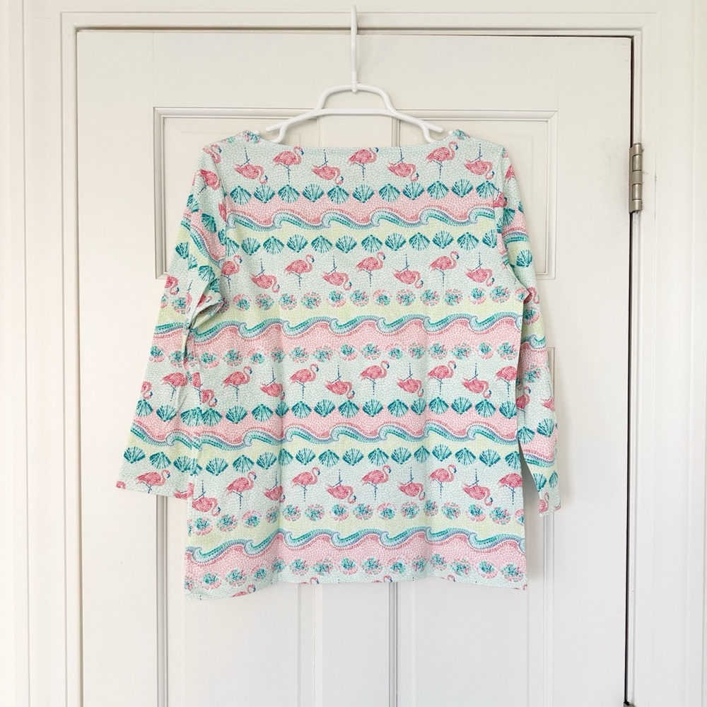 TALBOTS top size M green pink flamingos beach boatneck 3/4 sleeve stretch shirt - Picture 2 of 4